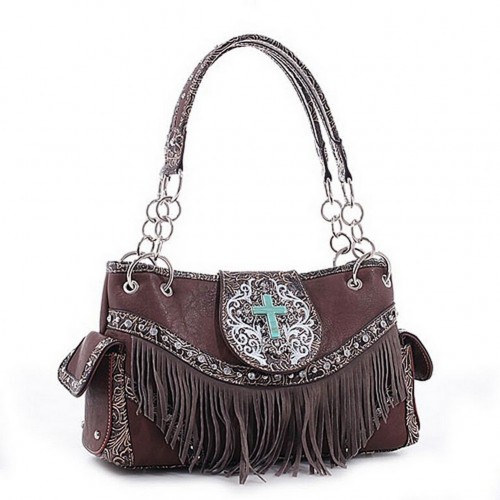 Cross Charm Western Style with Fringe Accent Tote Bag - Coffee - BG-MJ5302CF